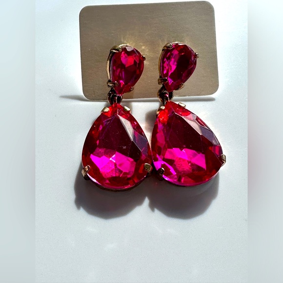 XL Hot Pink Glass Earrings. gold tone 1 1/2” - Picture 1 of 3